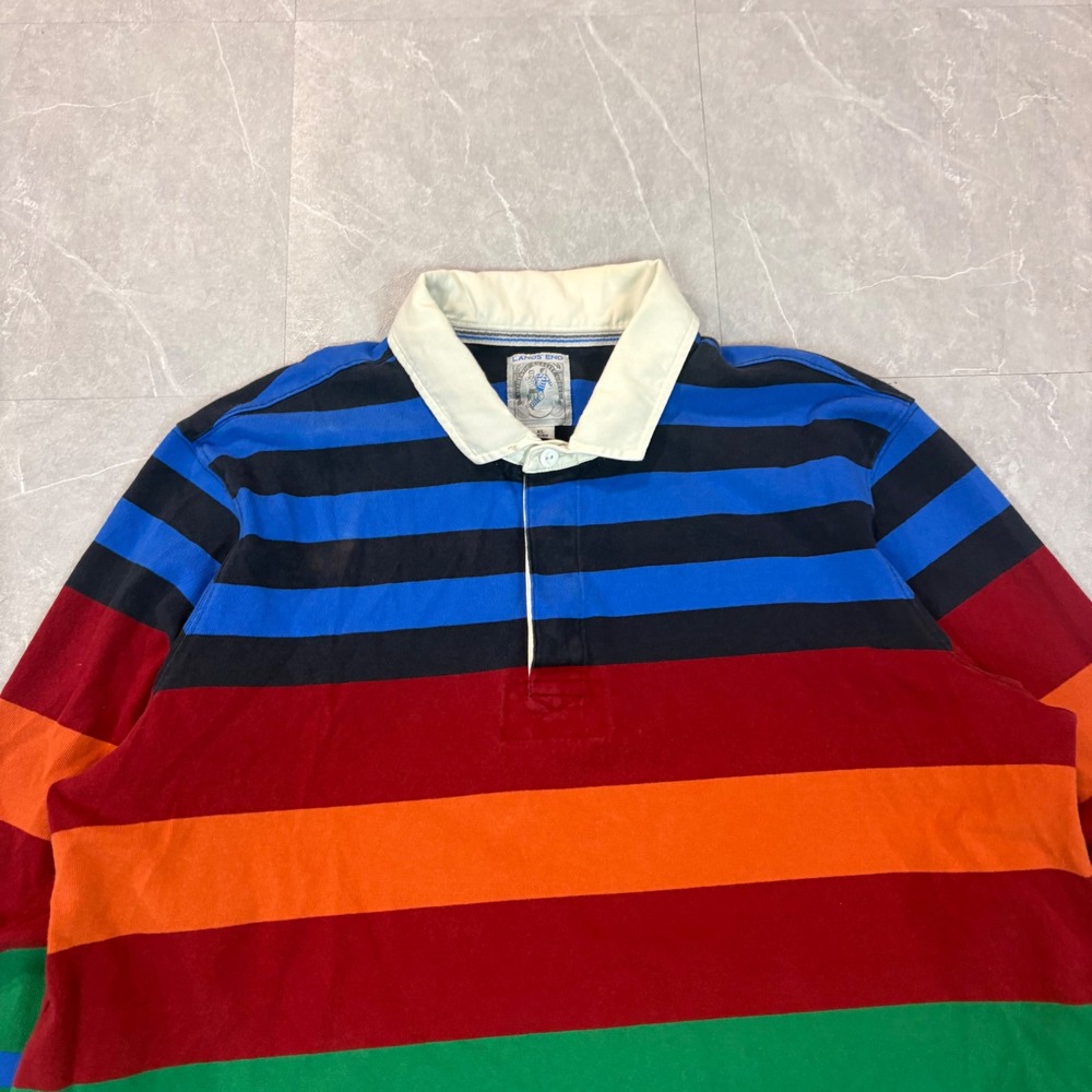 Lands End Mens Rugby Shirt XL Long Sleeve Striped Cotton Multi Color Preppy - Picture 2 of 6